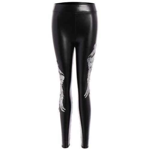 Sequins Wing Beam Feet Faux Leather Leggings - Silver M