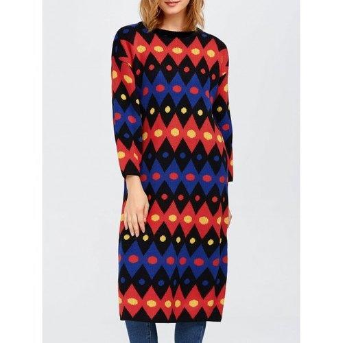 Color Block Midi Shift Sweater Dress - Red One Size