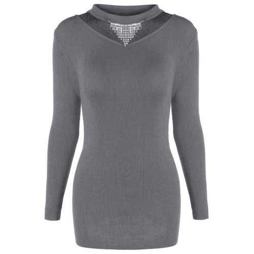 Tulle Insert Long Sleeve Knit Dress - Gray One Size