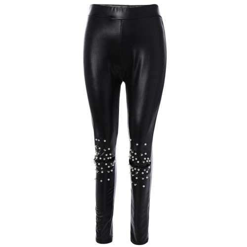 Beading PU Leather Leggings - Black S