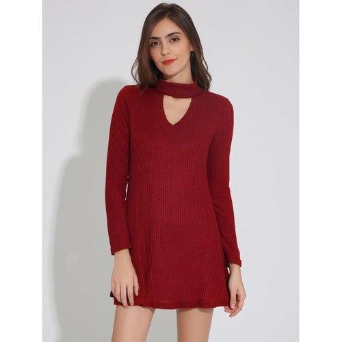 Keyhole Neck Long Sleeve Skater Sweater Dress - Wine Red S