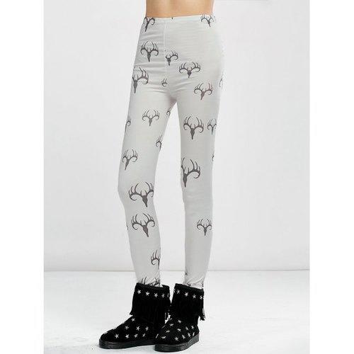 High Waist Elk Print Christmas Tight Leggings - White L