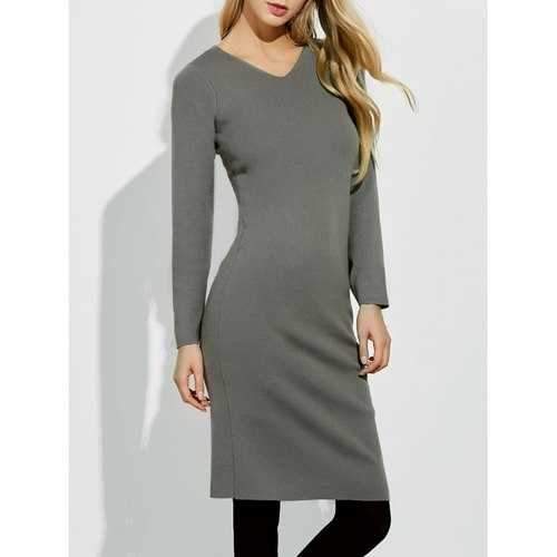 Midi Jumper V Neck Sheath Dress - Gray 2xl