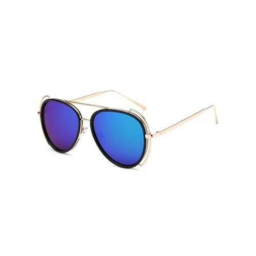 Hollow Out Frame Crossbar Pilot Mirrored Sunglasses - Blue