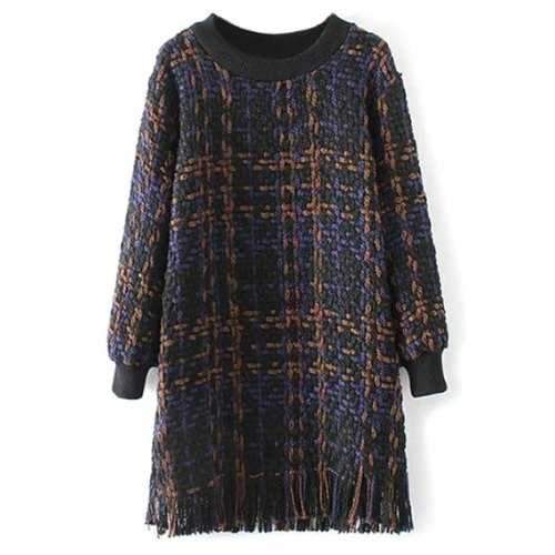 Fringed Heathered Sweater Dress - Purplish Blue M