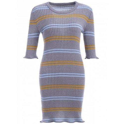 Striped Ribbed Bodycon Sweater Dress - Gray S