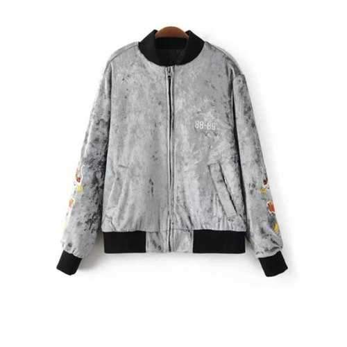 Embroidered Velvet Padded Jacket - Light Gray M