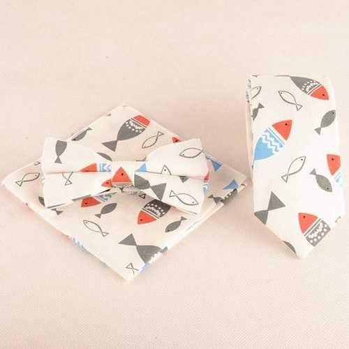Cartoon Fish Doodle Print Tie Bowtie Handkerchief Set - Off-white