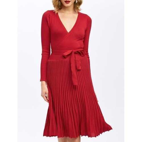 Pleated Surplice Knee Length Long Sleeve Jersey Dress - Red L