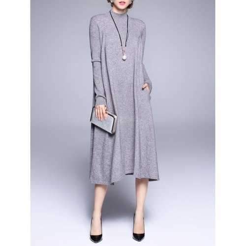 Mock Neck Sweater Dress with Pockets - Gray One Size