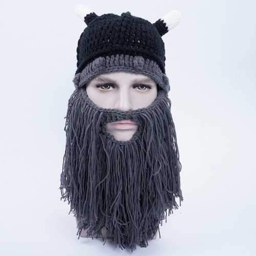 Faux Mustache Knit Animal Head Beanie Hat - Black