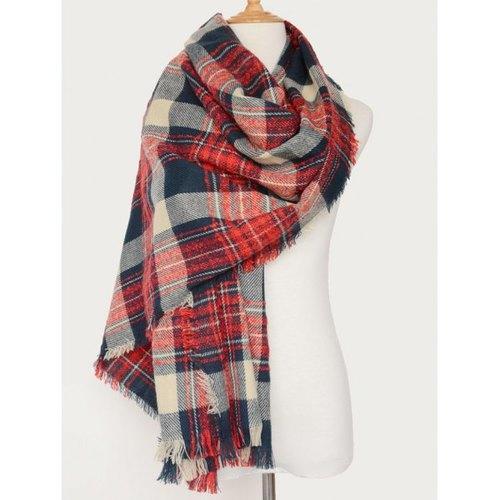 Plaid Pattern Oblong Shawl Scarf with Fringed - Red