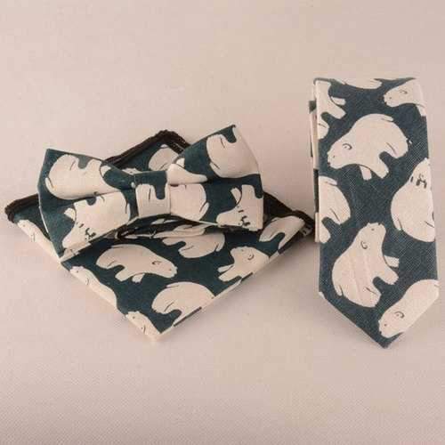 Cartoon Bear Print Tie Bowtie Handkerchief Set - Blackish Green