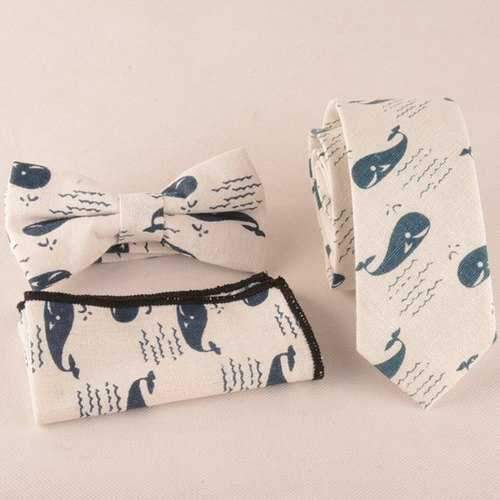 Whale Print Tie Bowtie Handkerchief Set - Apricot