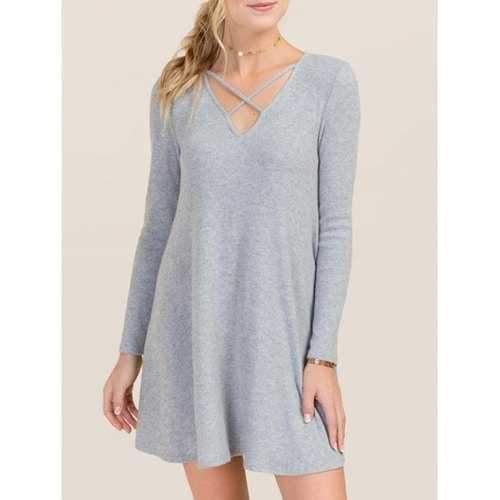 V-Neck Knitted Dress - Light Gray S