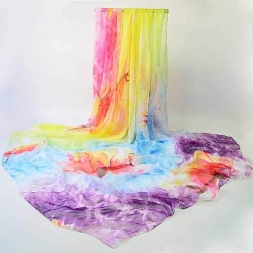 Oil Painting Lotus Flower Ombre Chiffon Scarf - Deep Purple