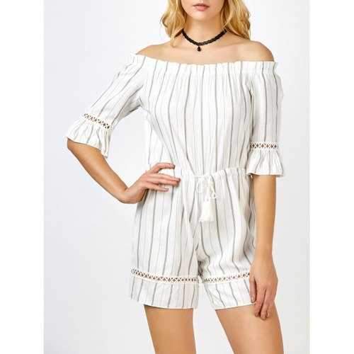Off The Shoulder Striped Tassel Romper - White M