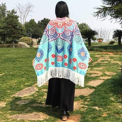 Mandala Lotus Flower Fringed Chiffon Pashmina Wrap Shawl Scarf - Light Blue