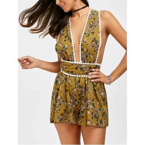 Self Tie Floral Open Back Romper - Light Yellow L