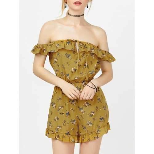 Off The Shoulder Floral Ruffle Romper - Yellow M