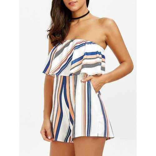 Off The Shoulder Overlay Striped Romper - L