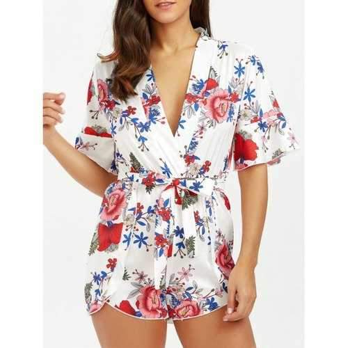 Floral Print Surplice Belted Romper - Floral S