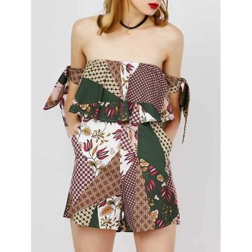 Off The Shoulder Ruffle African Print Romper - Green Xl