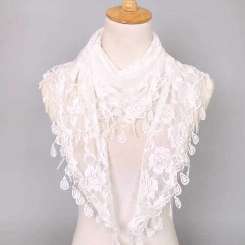 Waterdrop Tassel Lace Rose Triangle Scarf - White