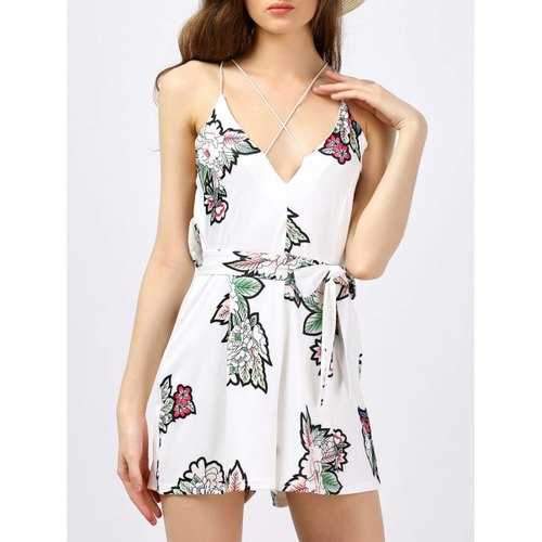 Floral Print Backless Criss-Cross Romper - White S