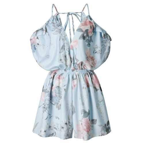 Spaghetti Strap Ruffle Floral Romper - Blue L