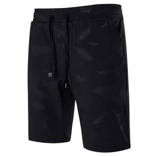 Drawstring Waist Feather Printed Shorts - Black 5xl