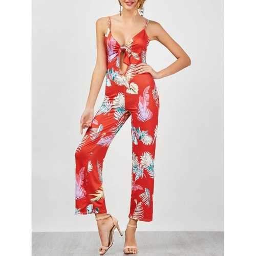Plunge Foliage Print Backless Slip Jumpsuit - Red M