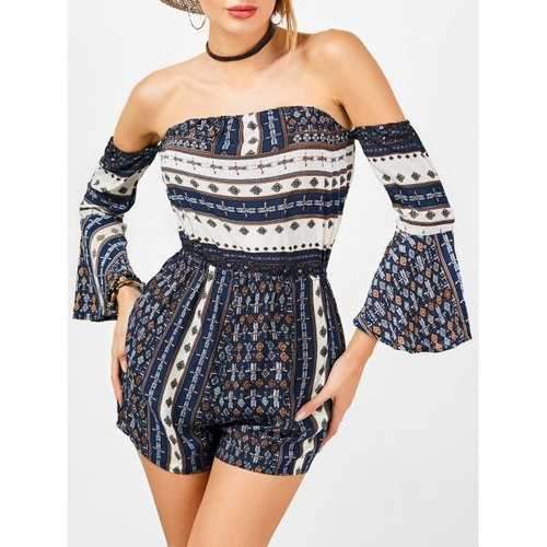Off The Shoulder Printed Bell Sleeve Romper - Purplish Blue L