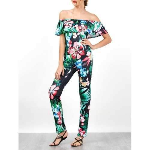 Palm Floral Print Off Shoulder Flounce Jumpsuit - Black S