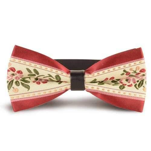 Vintage Floral Embroidery Bow Tie - Wine Red