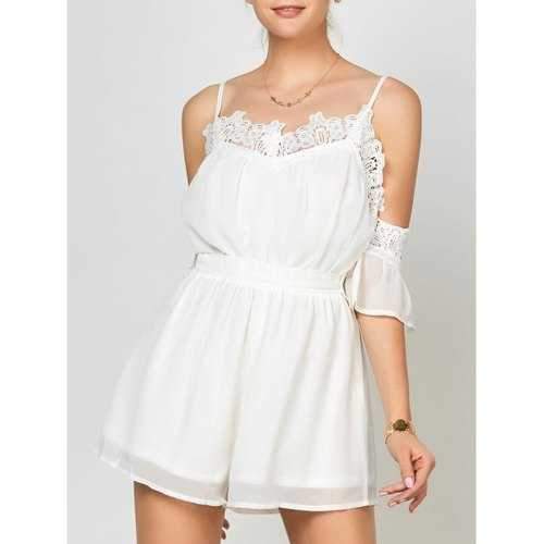 Lace Panel Cold Shoulder Romper - White S