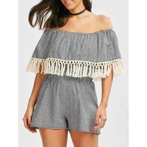 Fringed Gingham Off The Shoulder Romper - Checked Xl