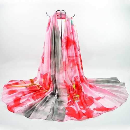 Two Tone Floral Printed Imitation Silk Scarf - Pink And Grey