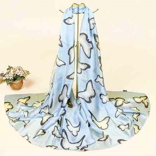 Tiny Butterfly Printed Smooth Imitation Silk Scarf - Azure