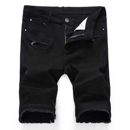 Frayed HemZipper Biker Denim Shorts - Black 33