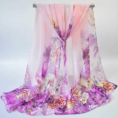 Hand-painted Flowers Bloom Printed Scarf - Pinkish Purple