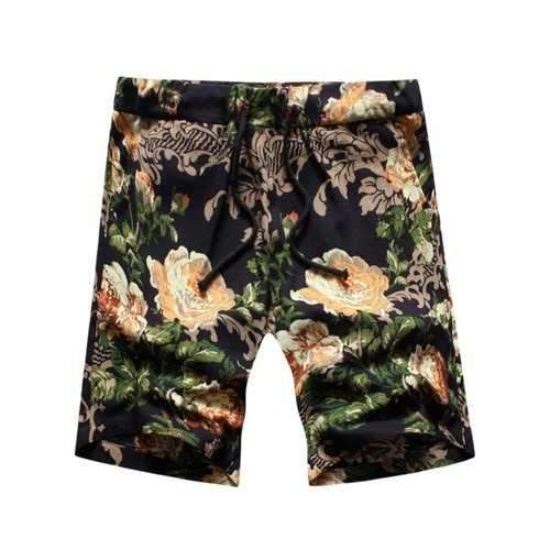 Peony Print Drawstring Waist Shorts - Black 2xl