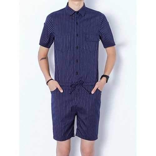 Half Button Up Striped Drawstring Romper - Blue Xl
