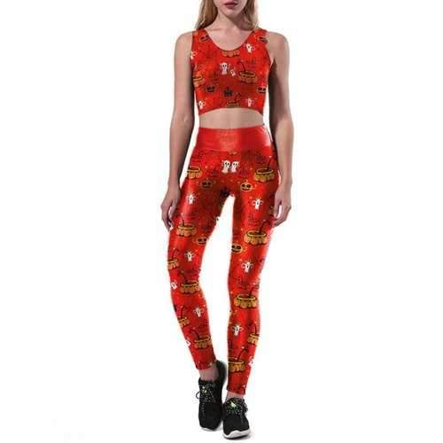Pumpkin Ghost Halloween Two Piece Leggings Set - Red S