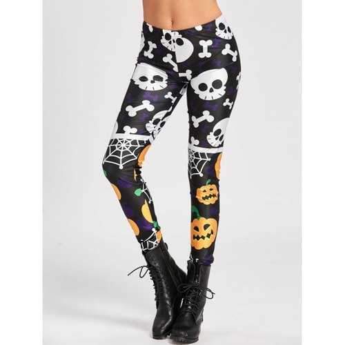 Spider Web Skull Pumpkin Halloween Leggings - Black M