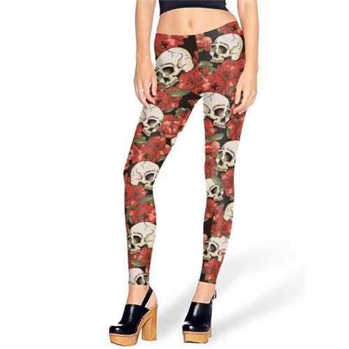 Halloween Skull Roses Print Leggings - Red L