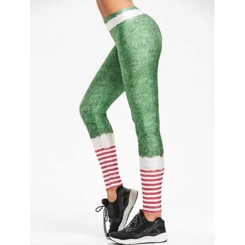 Christmas Striped Belt Print Leggings - Green M