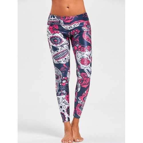 Halloween Floral Skull Print High Waist Leggings - S