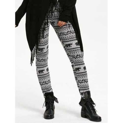 Fitted Leggings with Bohemian Elephant Print - Gray S