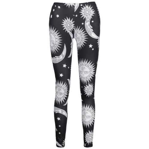 High Waisted Sun Moon Print Skinny Leggings - Black M